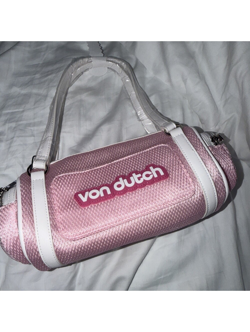 NEWEST STYLE Von Dutch Barrel Bag w/ pockets Pink Mesh Handles Zip  Logo